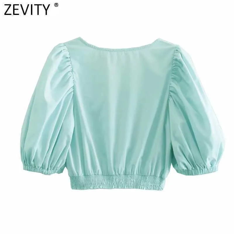Zevity femmes croix col en V pli manches bouffantes solide blouse courte Femme ourlet élastique Kimono chemise Chic Blusas hauts LS7630 210603