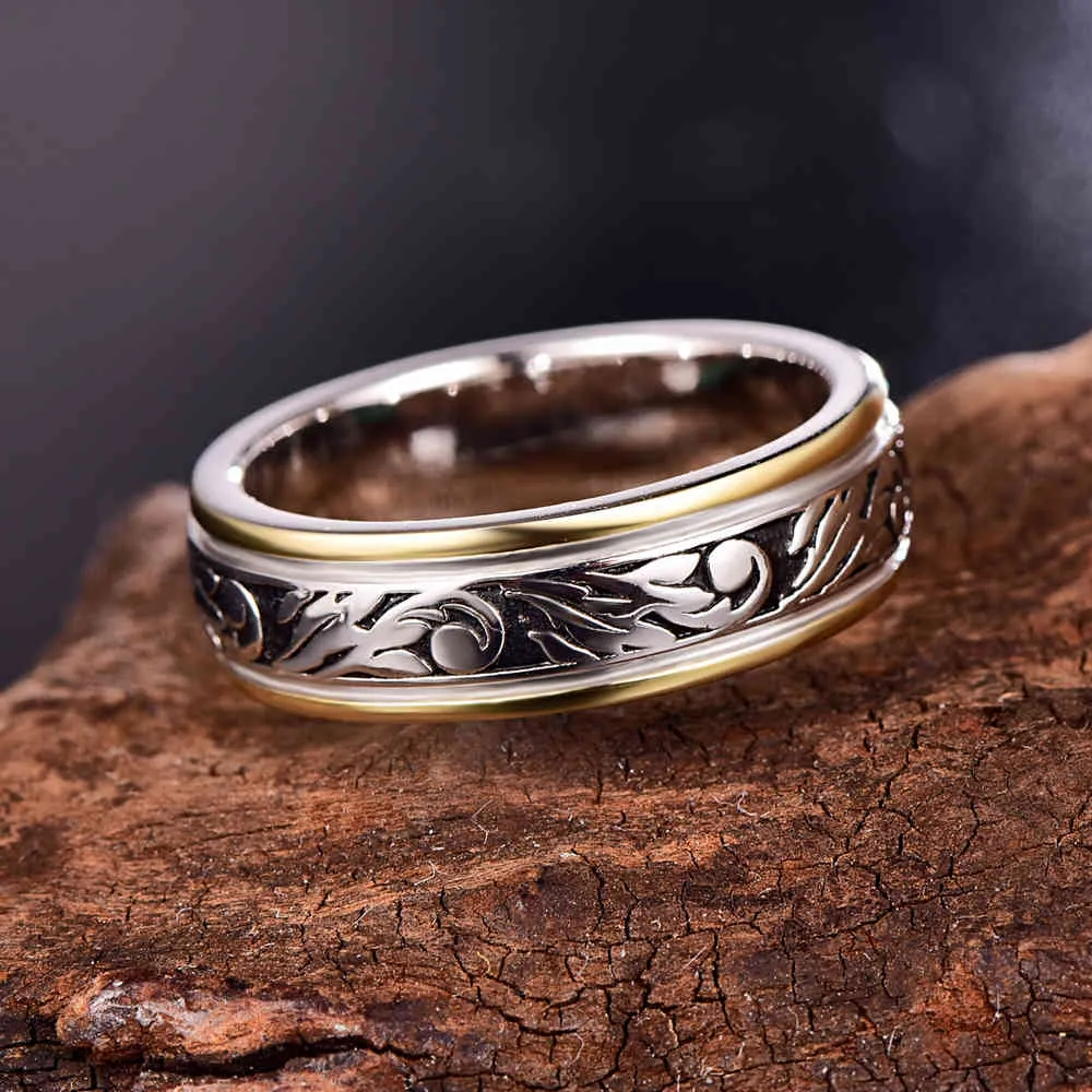 Bonlavie 6 mm corte retrô duas cores banhado a anel de prata 925 para homens e mulheres compromisso e apostas 2105067277656