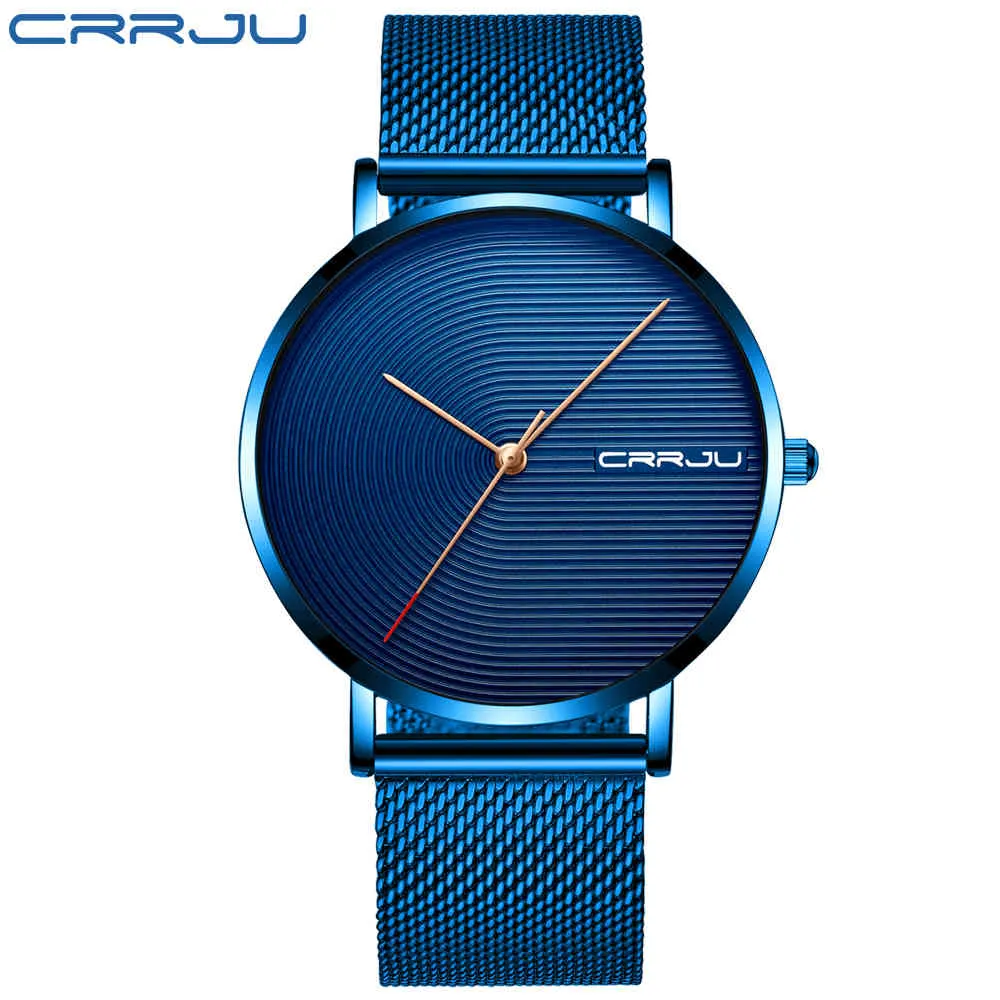 Montre pour hommes CRRJU mode minimaliste bleu Waches pour hommes Ultra-mince bracelet en maille montre décontracté étanche montre-bracelet cadeau pour Me285t