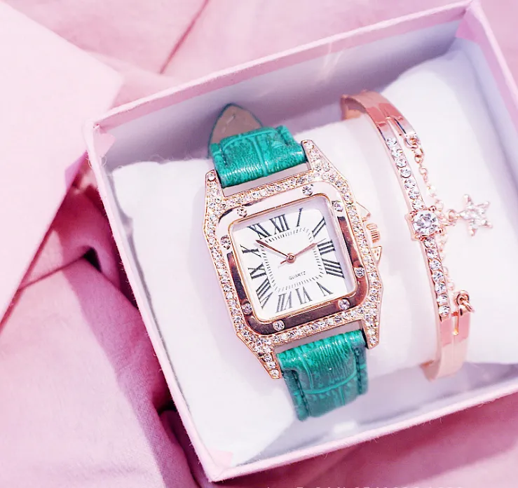 Cała marka Kemanqi Square Diamond Diamond Bezel Skórzane zegarki damskie zegarki damskie w stylu kwarcowe zegarek na rękę 283t