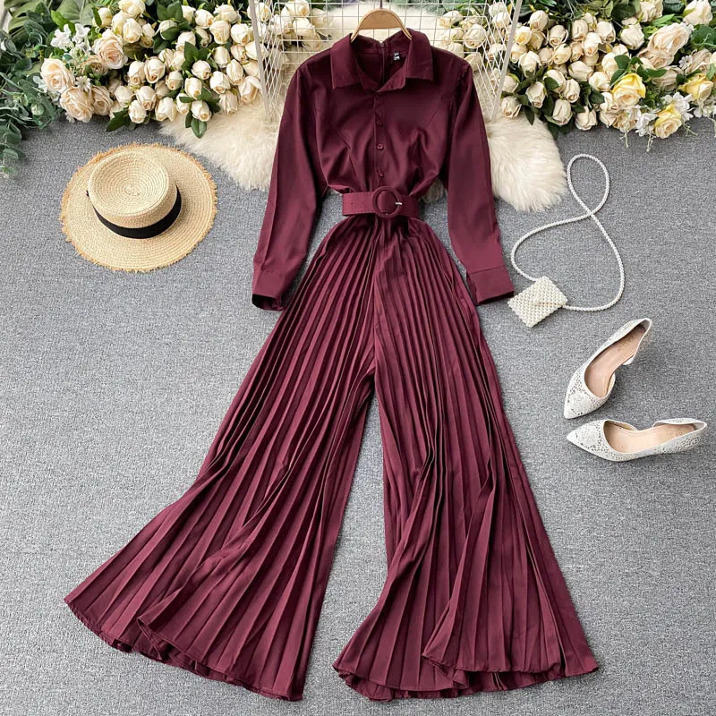 Singreiny Kvinnor Design Pläterad Jumpsuit Elegant Turn-down Collar Långärmad Rompers Höst Koreansk Fashion Wide Long Long Rompers 210419