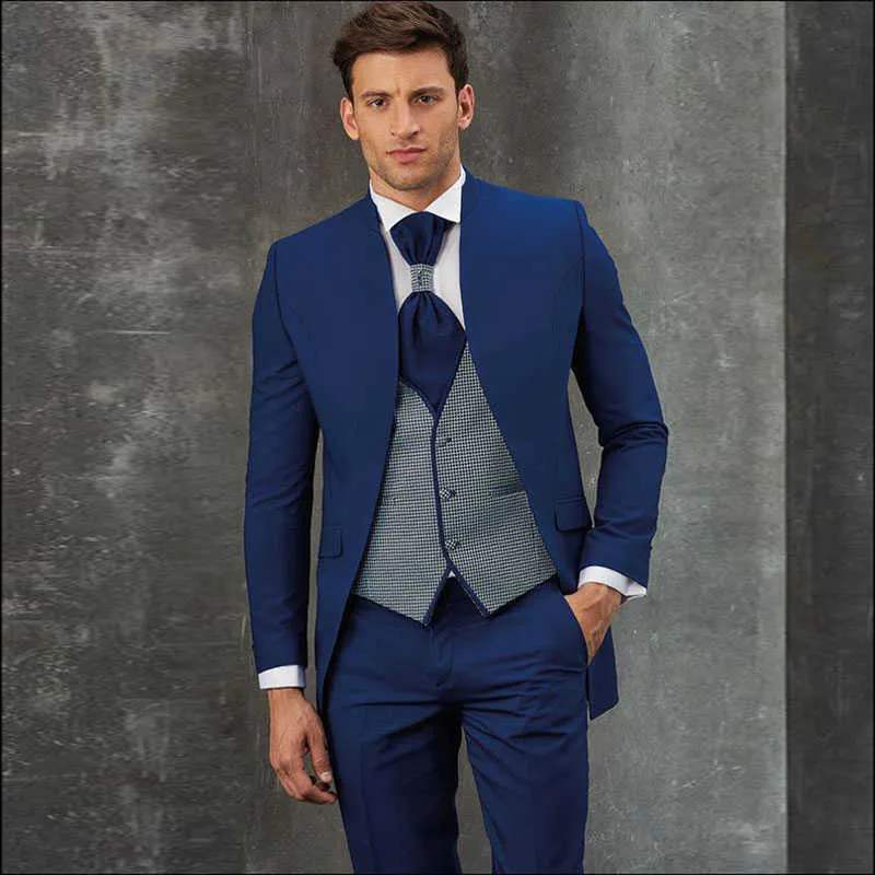 Kraliyet Mavi Üç Adet erkek Blazers Yüksek Yaka Örgün Smokin Erkek Giyim için Düğün Takımları Ceket Yelek ve Pantolon X0909