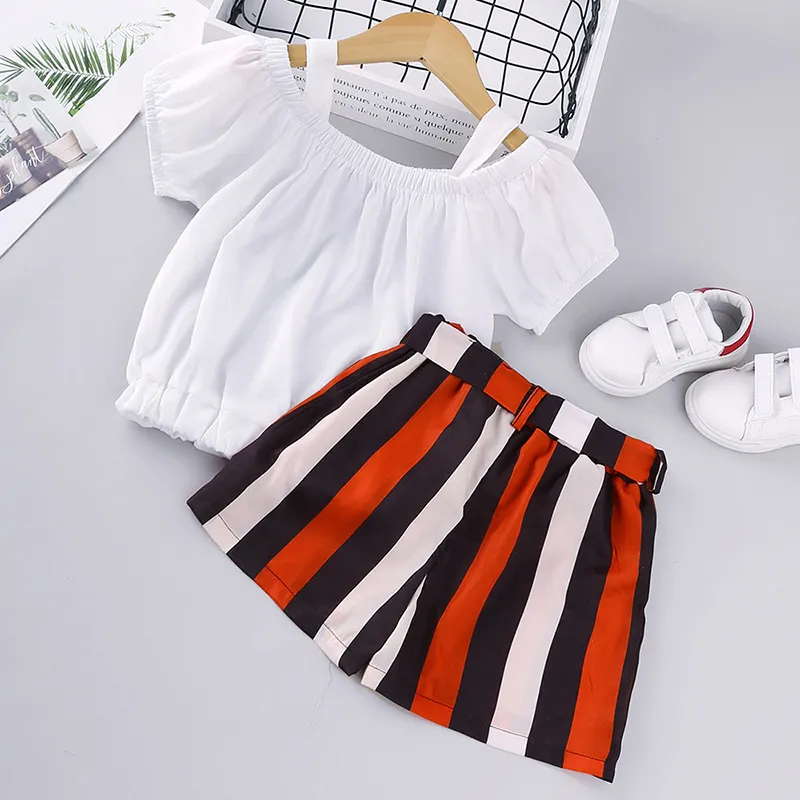Girls' Suit Spring Summer Children's Clothing Suspenders Short-sleeved Striped Shorts Two-piece Girl Clothes 210515
