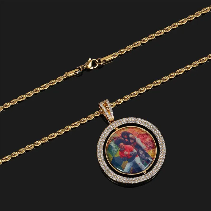 Rotatable Round Po Custom Necklace Pendant Medallions Brass Chain Gold Cubic Zircon Picture Men's Hip Hop Jewelry3175