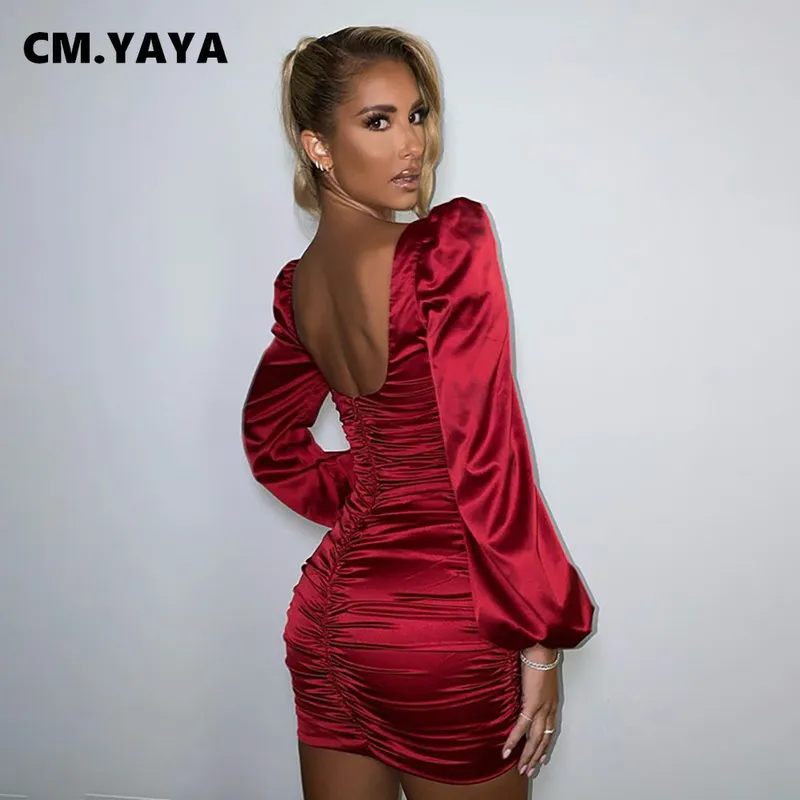 cm.yaya ارتفاع الخصر فانوس طويل الأكمام مكدسة رايات ميدي اللباس bodycon للنساء مثير نادي حزب الليل U- الرقبة عارية الذراعين فساتين 220311