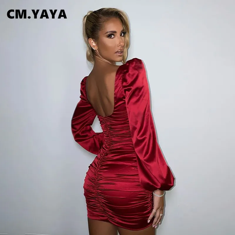 CM.YAYA Высокая талия фонарь с длинным рукавом штабелированные драпированные MIDI Bodycon платье для женщин сексуальная клубная вечеринка ночь U-образным вырезом без спинки платья 220311