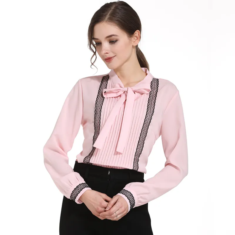 أزياء المرأة ملابس مكتب بلوزة وردي الشيفون قميص طويل الأكمام النساء قمم و S Blusas D472 60 210506