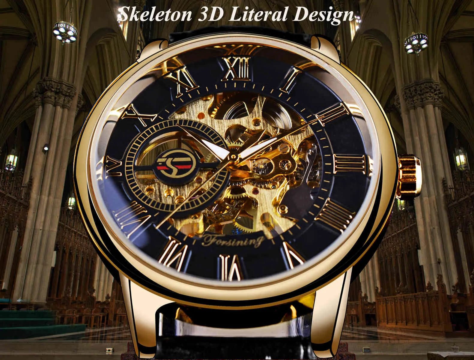 Forysing 3D Design Hollow Grawerowanie Czarny Złoto Case Skórzany Szkielet Zegarek Mechaniczny Mężczyźni Luksusowa Marka Heren Horloge