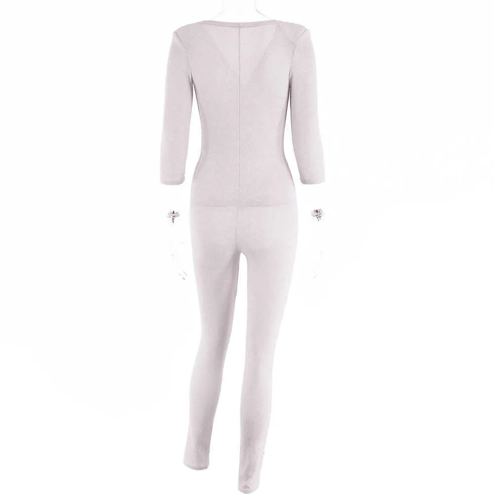 Três trimestres manga almofada brilhante ombro jumpsuit v-pescoço mulheres bodycon macacão macacões clube sexy outfit 210604