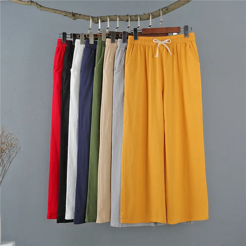 Femmes pantalons printemps été large jambe coton lin pantalon décontracté lâche solide droite femmes doux pour femme 210524