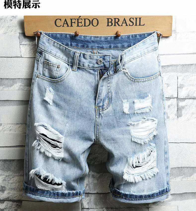 Ljusblå denim shorts för man ny mode manliga hål shorts jeans straight fit jeans shorts bra kvalitet män bomull Jean byxor x0705
