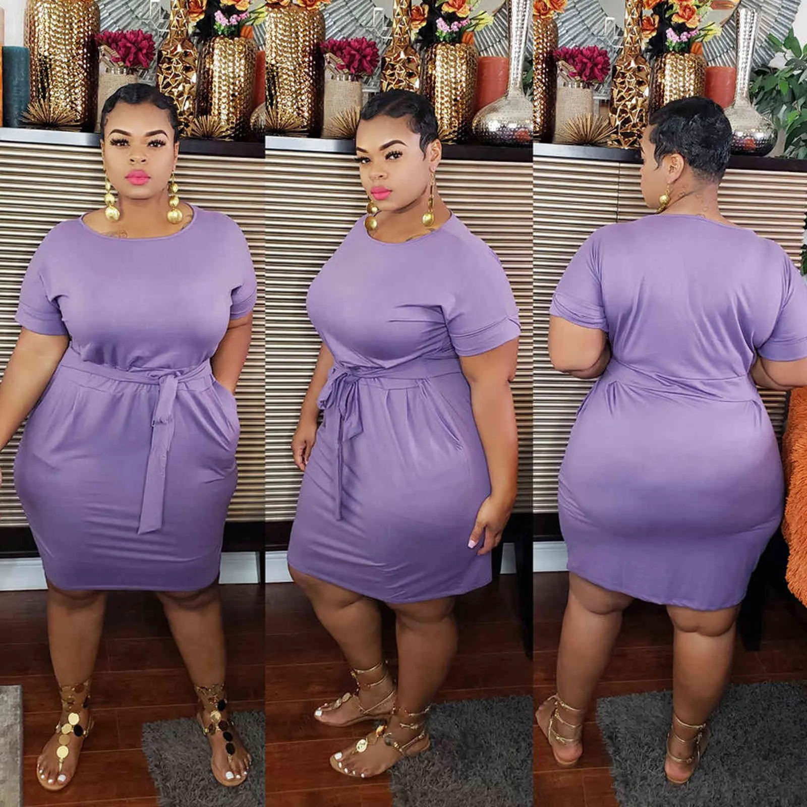 4XL 5XL Plus Size Kleid für Frauen Fat Kausal Einfach Orange Kurzarm Sommer Schärpen Rundhals Neck Knielange Kleider Midi 211116