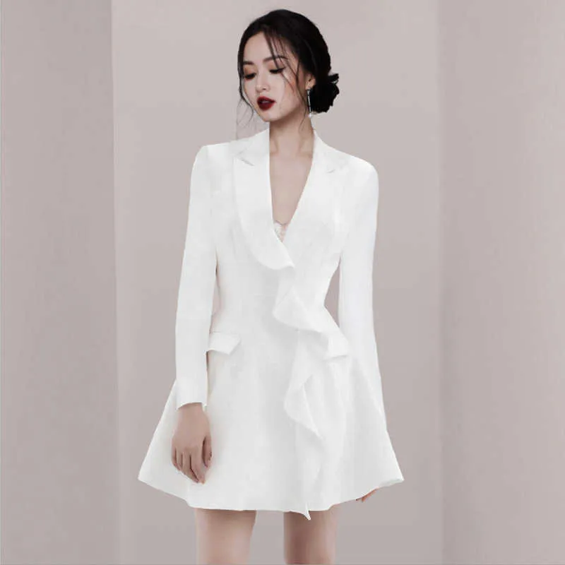 Spring Fashion Elegang Women's Dress V Collar Lotus Leaf Side Long Sleeve Sexy & Club A-Line Ruffles Full Solid 210615