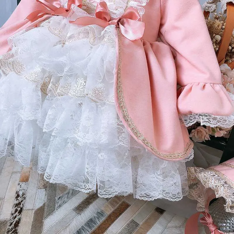 Niña invierno primavera otoño lana rosa manga larga Vintage español Lolita princesa vestido de baile para niña cumpleaños Eid Casual Q0716