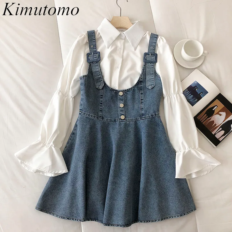 Kimutomo Sweet Girls Jupes décontractées Ensembles Blouse à manches évasées à col rabattu blanc et taille haute Denim A-line Sling Mini robe 210521