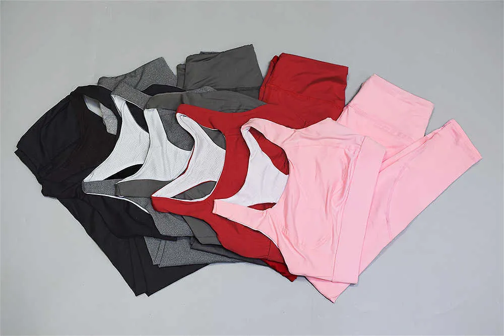 Sport Outfit for Woman Quick Dry Yoga Set Suit Fitness Clothing Workout Gym Clothes Ensemble Femme Red Pink Gray 210802