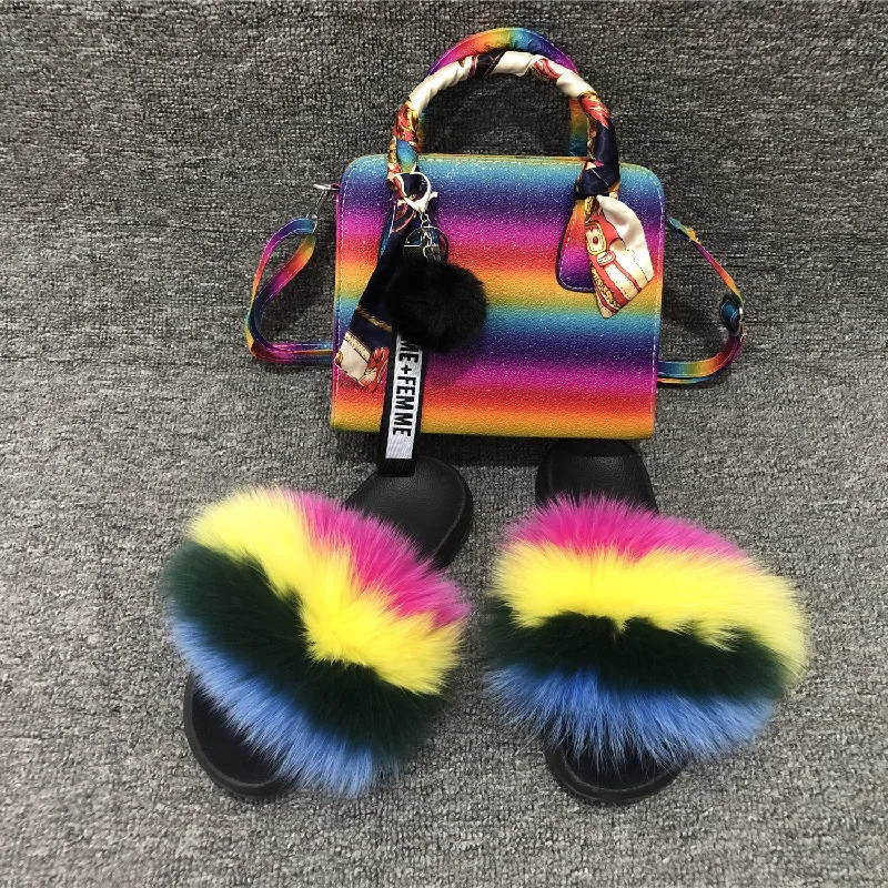 Fashion Women's Fur Fluffy Slippers Backpack Crossbody Bag Suit Party Sandals