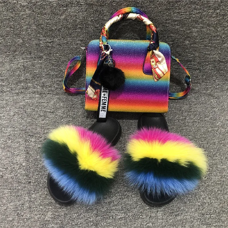 Mode Kvinnors Fur Fluffy Tofflor Ryggsäck Crossbody Bag Suit Party Sandals