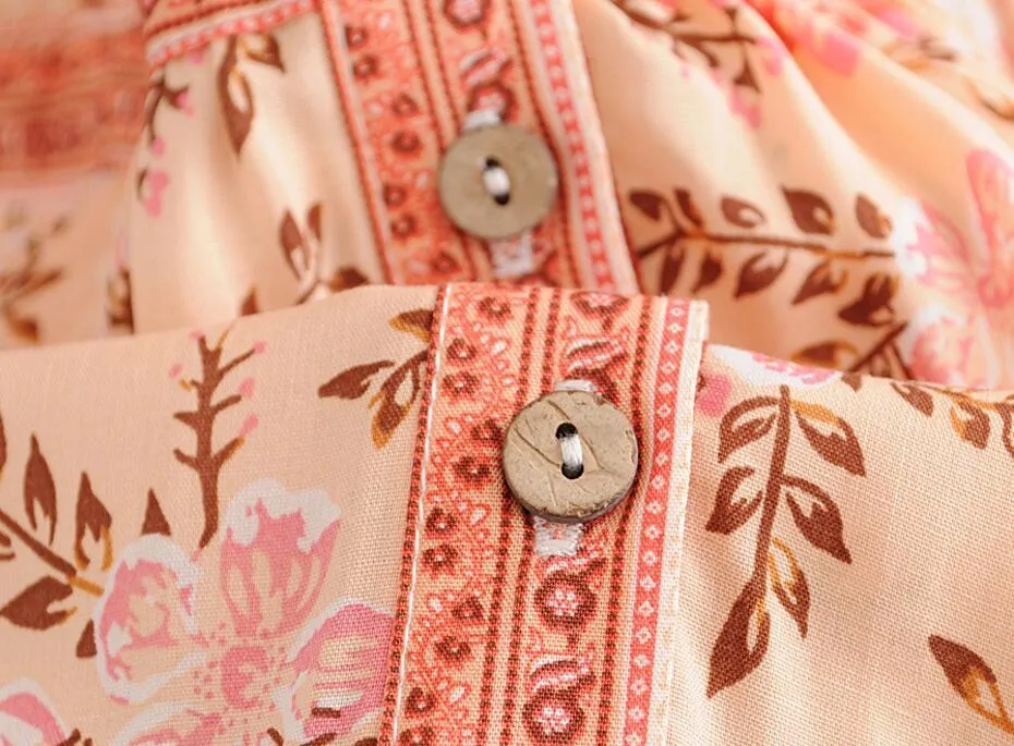 Boho rosa körsbärsblomma blomma tryck klänning etnisk kvinna justerbar lacing up midja single-breasted knapp klänningar strand 210429