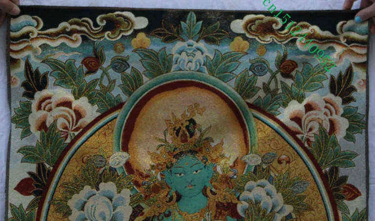 Tibet bouddhisme soie broderie siège vert Tara Thangka peinture murale. 211108