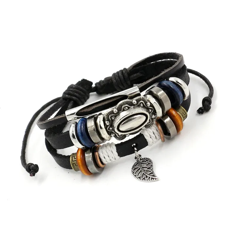 Retro Multilayer wrap leather bracelet Leaf charm pull string adjustable bracelets bangle cuff for women men fashion jewelry