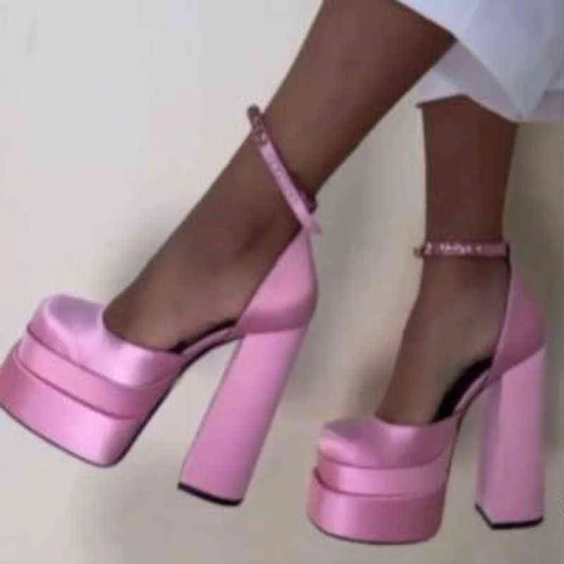 2022 Yeni Seksi kadın Sandalet 15 cm Hakiki Deri Kalın Yüksek Topuklu Ayakkabı Platformu Kadın Ayakkabı Siyah Kırmızı Gül Büyük Boy 43 Y220225