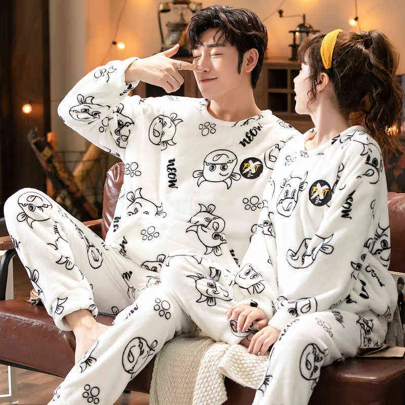 Autumn Winter Pajama Sets Pyjama Cartoon Cute Home Wear Men Pijama Clothes Flannel Sleepwear Dinosaur Couple 211116