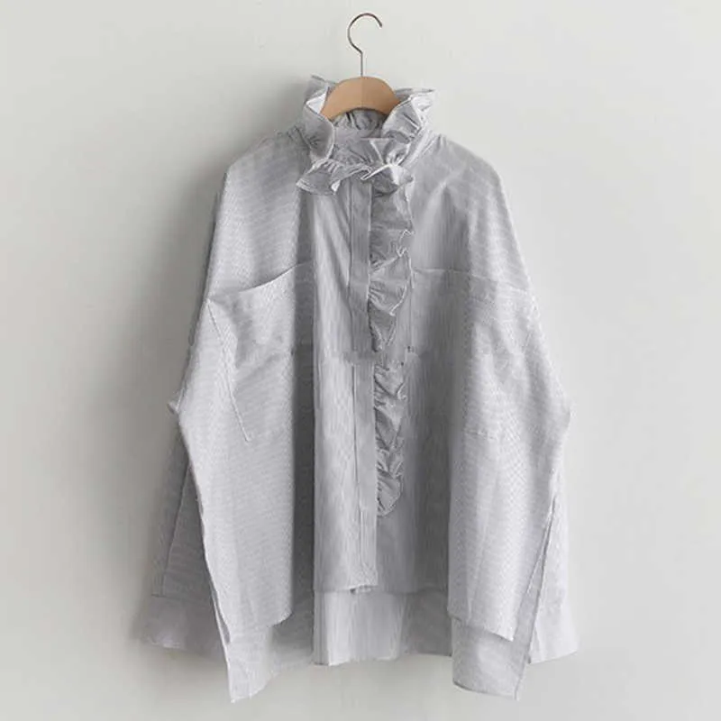 Gran venta primavera/verano coreano Casual suelta camisa a rayas de manga larga dulce hoja de loto borde algodón cómodo elegante 210615