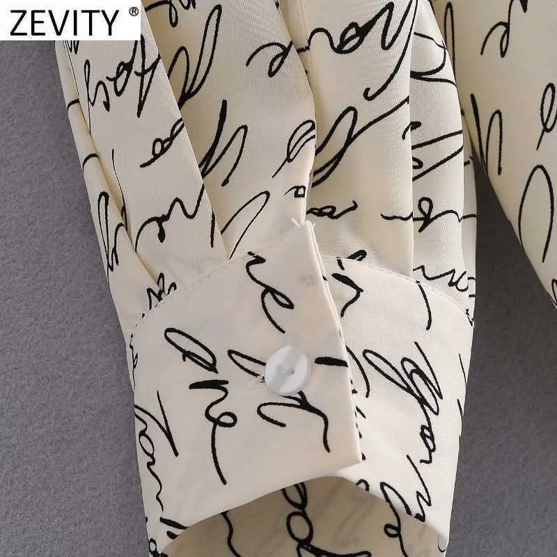 Zevity Kvinnor Vintage Handskriven Brev Utskrift Casual Smock Blouse Office Lady Business Shirt Chic Chiffon Blusa Tops LS9049 210603