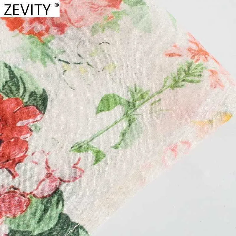 Zeefity Dames Mode Floral Print Plooien Single Breasted Shirts Vrouw Drie Kwart Moe Midi Vestido Chic Jurken DS8391 210603