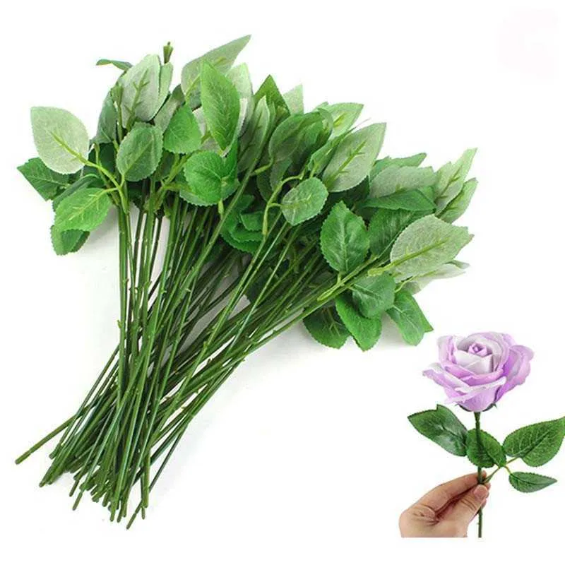 50 stücke Seife Rose Blume Pole Eisendraht Grüne Blattvasen für Wohnkultur Weihnachten Dekorative Blumen Kränze Valentinstag Geschenk 210624