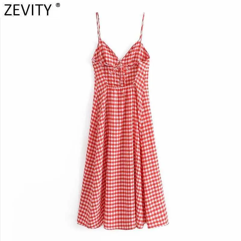 Zevity Women Vintage V Neck Red Plaid Print Breasted Sling Midi Dress Female Sexy Backless Lace Up Vestido Summer Dresses DS8351 210603