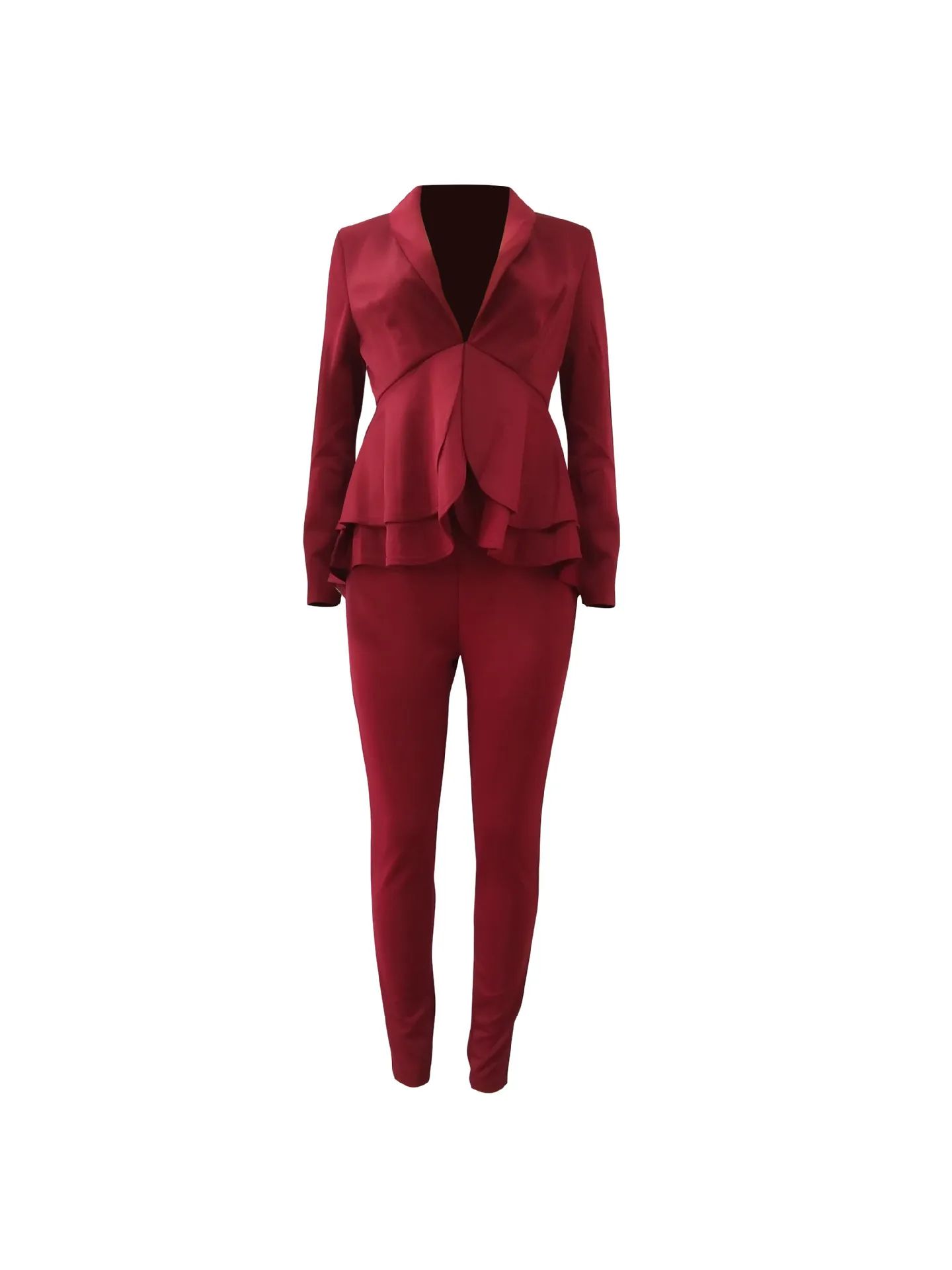 Sexy deux pièces ensembles pour femmes bleu col en V à manches longues hauts Peplum et pantalons pleine longueur vin rouge noir bureau dames vêtements de travail 210416