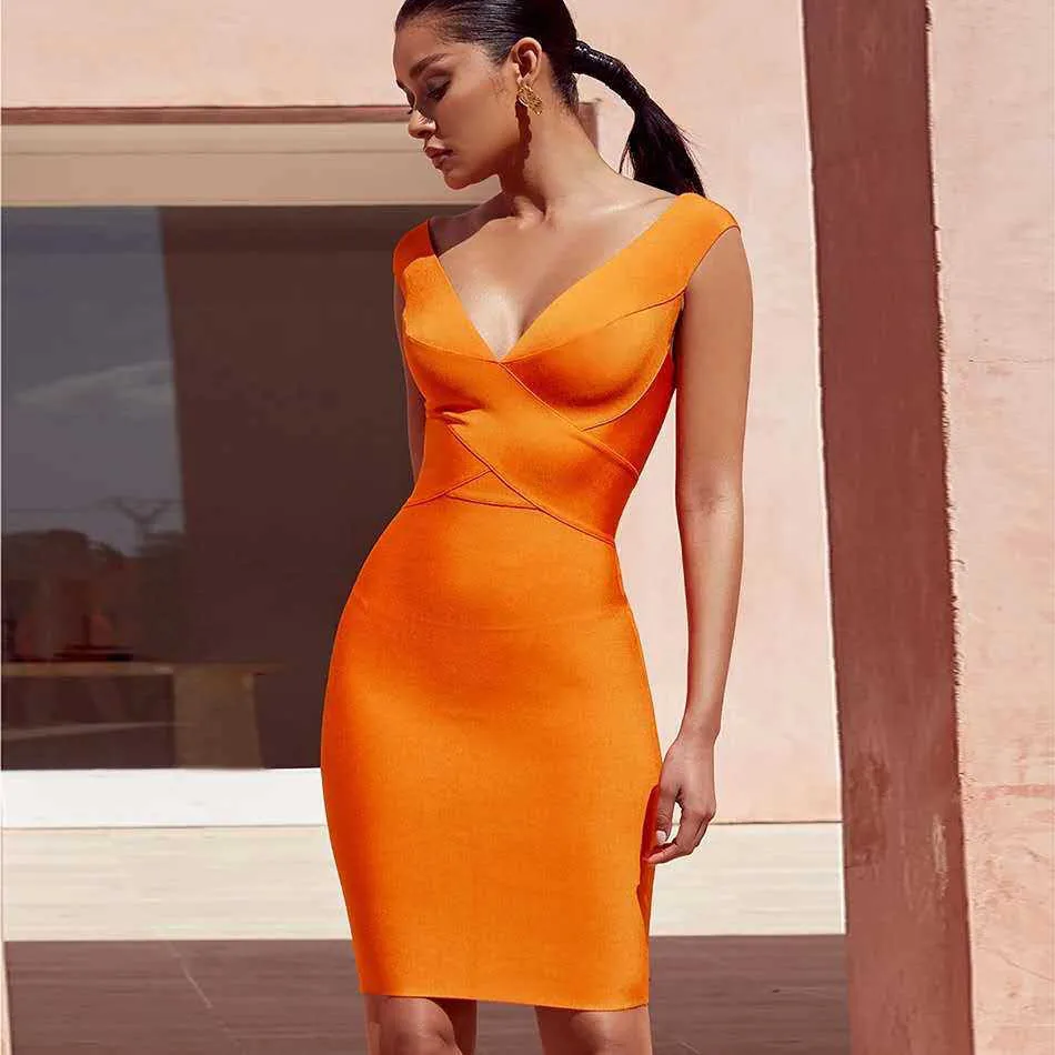 Sommer Frauen Verband Kleid Orange Tank Sexy Tiefem V-ausschnitt Ärmel Bodycon Club Promi Abend Party Vestidos 210527