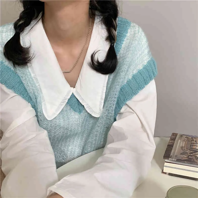 Ezgaga Women Two Piece Set Autumn Long Sleeve White Sweet Peter Pan Collar Shirts and Sky Blue Sweater Vest Lovely Girl Casual 210430