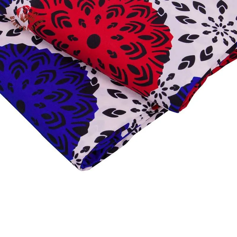 BintareAllwax 아프리카 흰색 배경 폴리 에스터 천으로 빨간색과 파란색 circel 6 야드 / 로트 재료 봉제 옷 FP6427