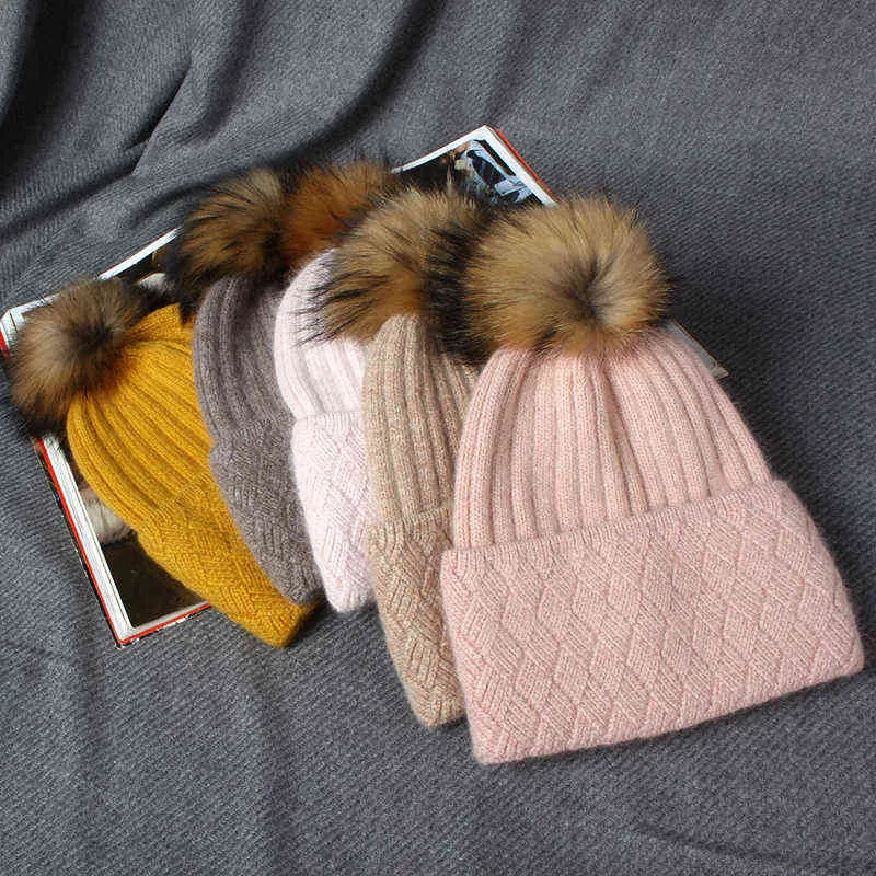 VISROVER 10 Kaninchen Kaschmir Unisex Frau Wintermütze mit Webart Herbst Mützen Pompom warme Wolle Skullies Geschenk 211119