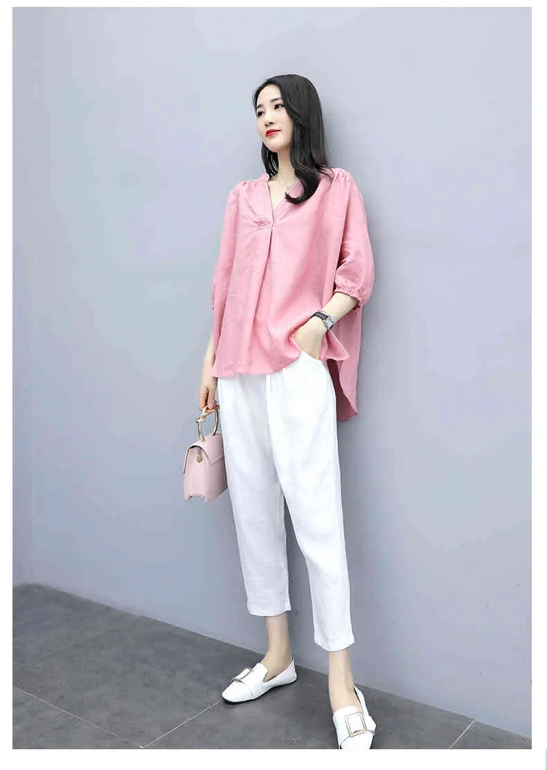 Cotton Linen Two Piece Sets Outfits Women Plus Size Spring Autumn V-neck Tops And Pants Suits Casual Korean Vintage 2 210518