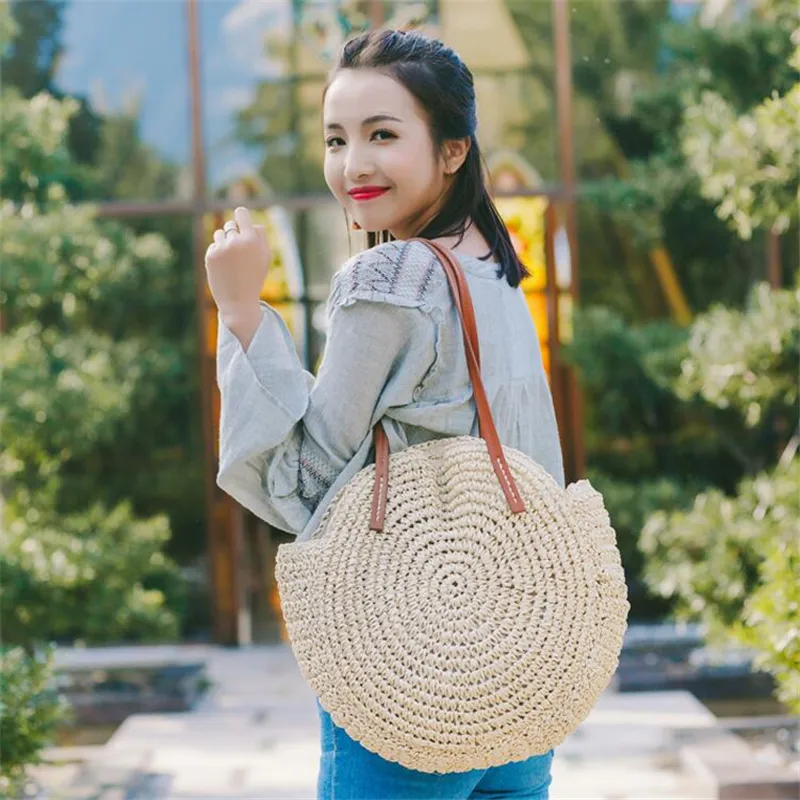 Ladies Fashion Straw Round Beach Tote Shoulder Handmade Vintage Buckle Rattan Shopping Purse Circle Bags