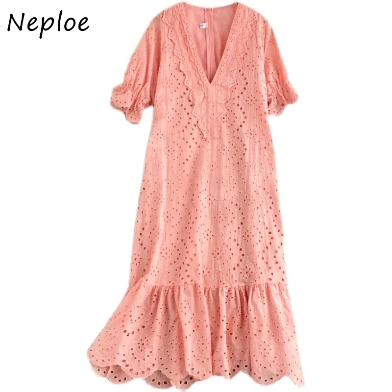 Neploe French Lace Hook Flower Temperamento Vestido Mujeres Cintura Alta Hip Sirena Vestidos Sólido V Cuello Manga Corta Robe Verano 210423