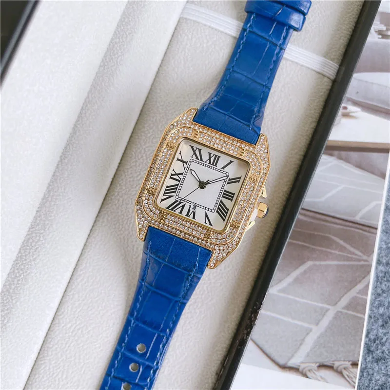 Marca de moda relógios feminino menina quadrado cristal estilo alta qualidade pulseira couro relógio pulso ca572481