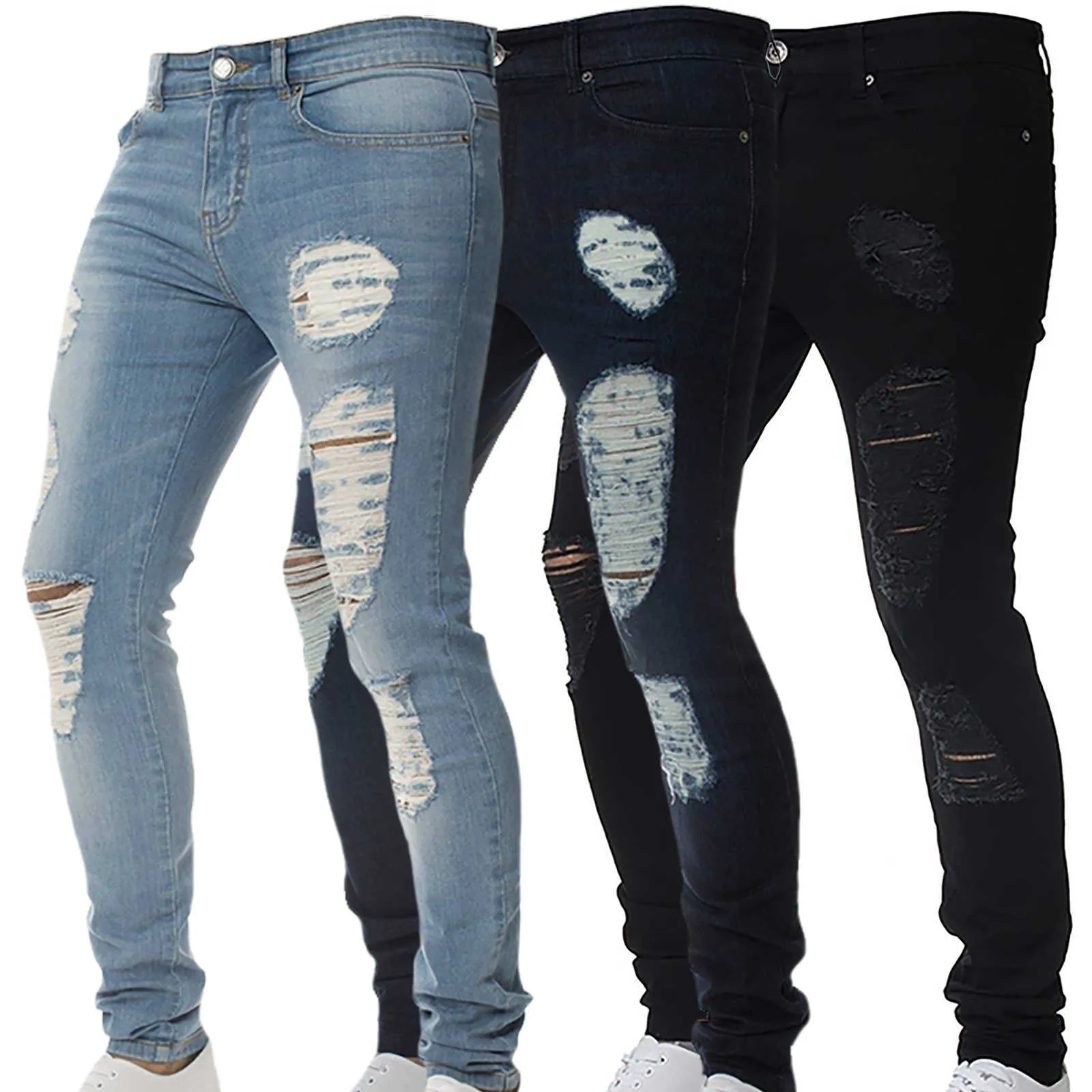 Jeans for Men Denim Pants Solid Color Hip Hop Trousers Long Pants Ripped Plus Size Men Clothing XXXL Skinny Jeans Men X0621