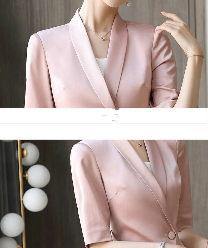 Elegante rosa senhora profissional terno verão moda senhoras jaqueta feminino saia de duas peças de alta qualidade 210527