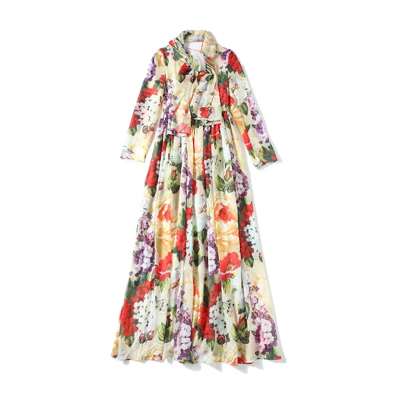 Autunno romantico vacanza floreale maxi veste donna manica stampa floreale telai abito lungo in chiffon pieghettato + sciarpa 210416