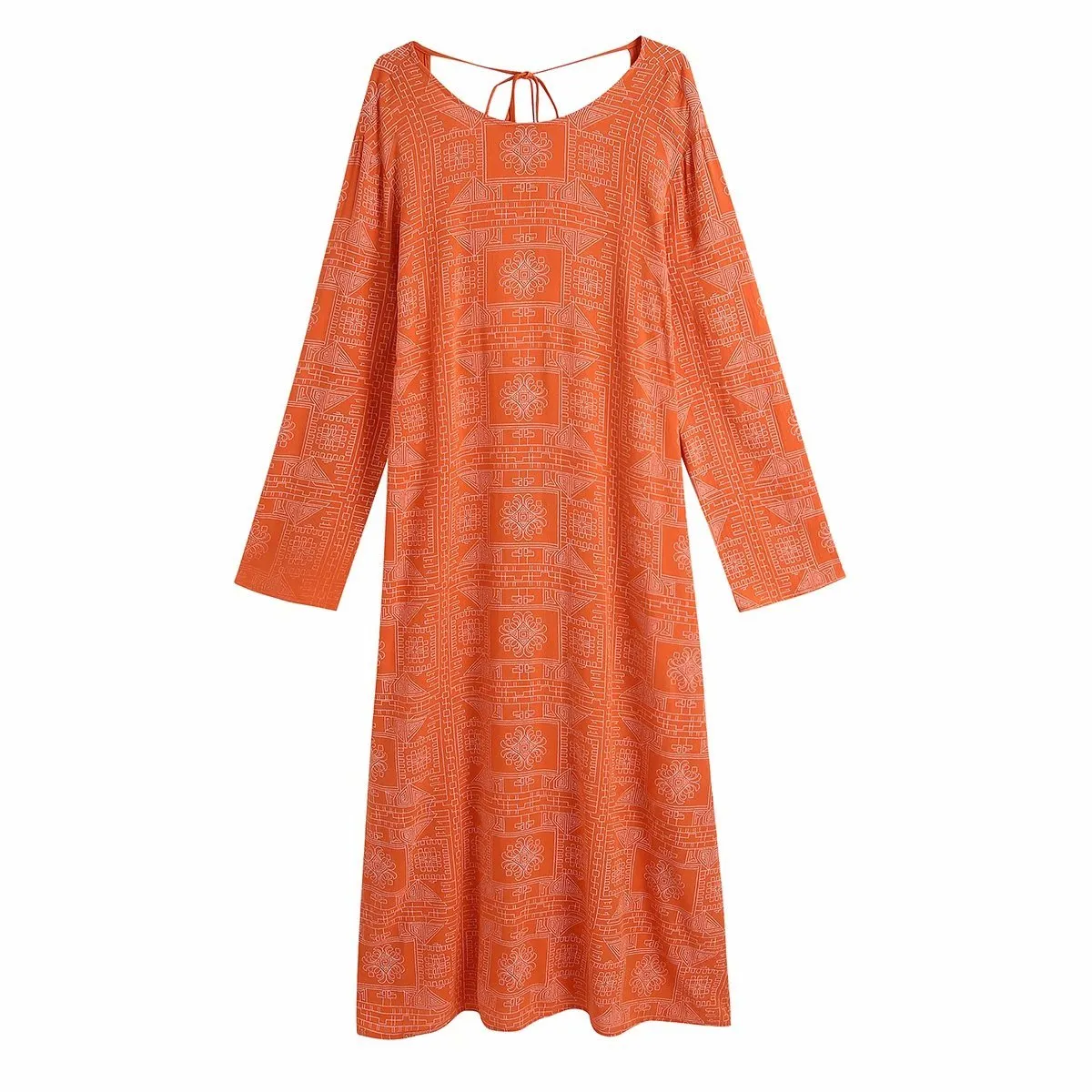 Vuwwyv zomerjurk mode oranje print lange jurken voor vrouwen volledige mouw terug open avond feest vestidos stropdas 210430