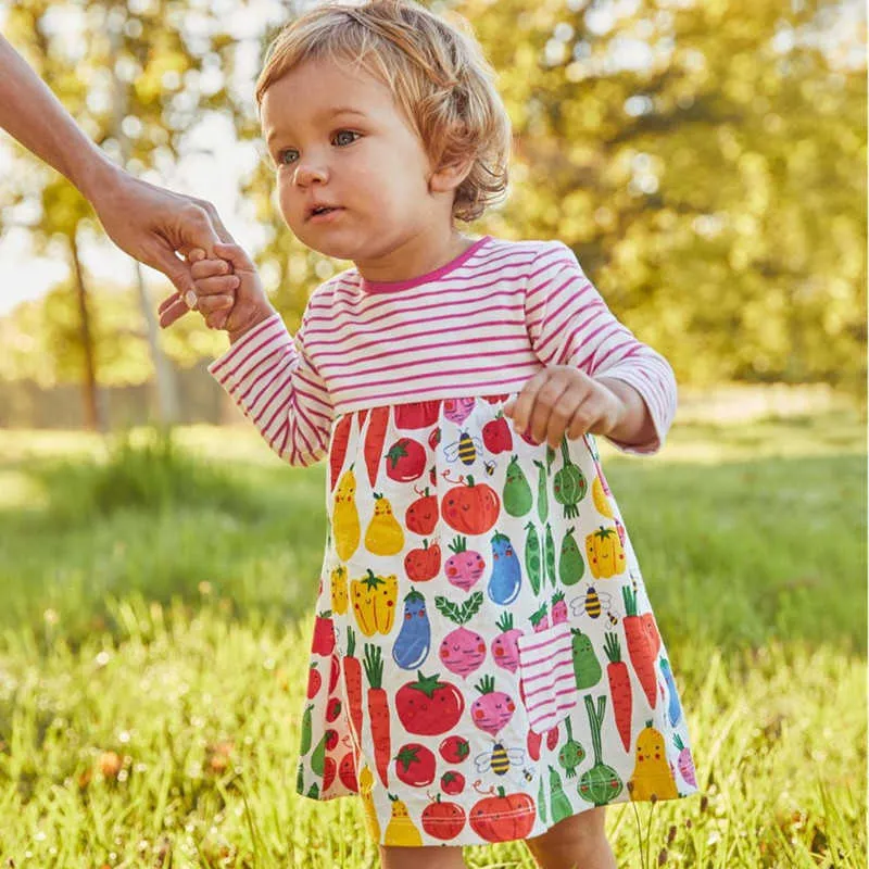 Vestidos de princesa para niñas con estampado de verduras, ropa de algodón para niños de otoño y primavera, vestidos a rayas con bolsillo, disfraz para niños G1026