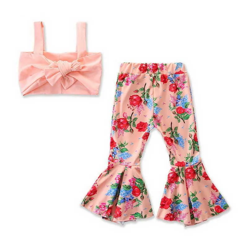 Retail Summer Baby Girl 2st Set Söt Toppar + Flared Byxor Bell Bottom Floral Print Fashion Outfits E94014 210610