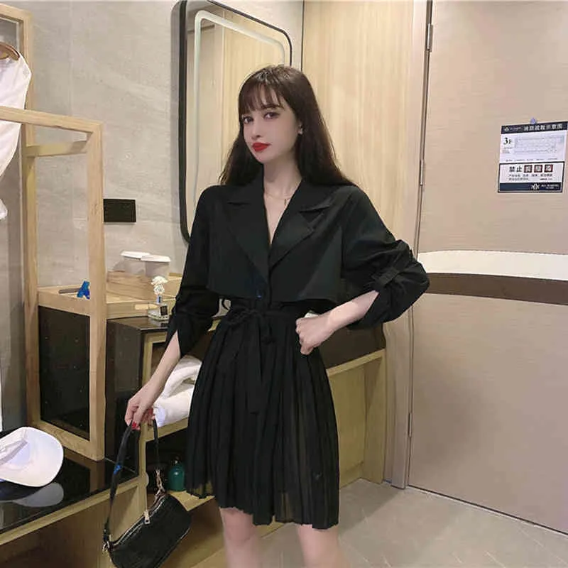 Spring Autumn Women's Dress Korean Pure Color Suit Collar Long Sleeve Waist Short Female Fake Two Piece es GX662 210507