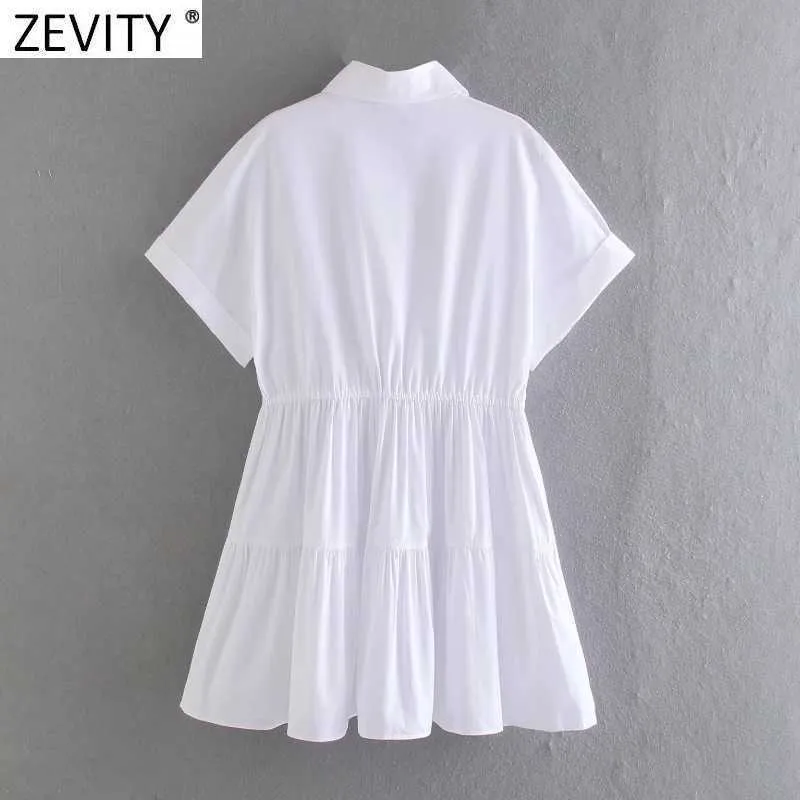 Zevity 여성 패션 칼라 화이트 플리츠 미니 드레스 사무실 레이디 세련된 짧은 소매 Waisr 활 묶여 캐주얼 Vestido DS8105 210603