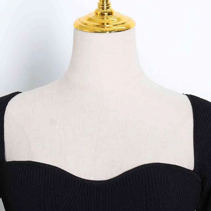 Sexy Strickkleid für Frauen Quadratischer Kragen Langarm Hohe Taille Schlanke schwarze Kleider Weibliche Modekleidung 210520